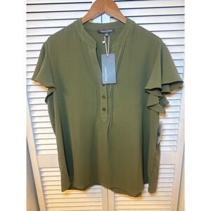 Laurel Grey Camilla Flutter Sleeve Top Burnt Olive Green Henley Blouse XL NEW